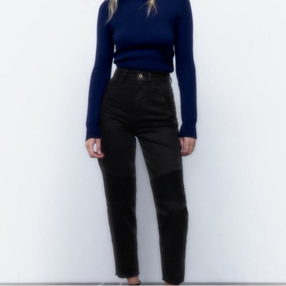 Zara Biker Mom Jeans NWT Washed Black Moto Panel Denim 2